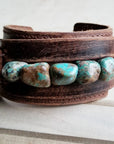 Genuine Leather Wide Cuff Bracelet w/ Natural Turquoise Chunks 006p