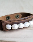 Dusty Leather Narrow Cuff with Genuine Freshwater Pearls 006r