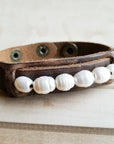 Dusty Leather Narrow Cuff with Genuine Freshwater Pearls 006r