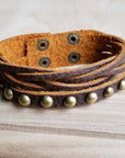 Multi-Strand Leather Cuff with Antique Gold Studs 007s