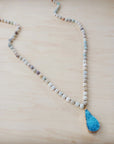 Frosted Amazonite Long Beaded Necklace with Agate Pendant 260o