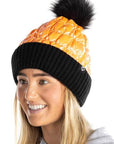 Puffer Faux Fur Pom Beanie - Black/Orange