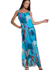 The Strawberry Shop Marla silk maxi dress in a blue retro geometric print with spaghetti straps and side slits.