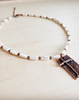 Rectangle Freshwater Pearl & Copper Necklace w/ Antique Cross Pendant 264a