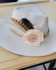 Leather Hat Band w/ Silk Flower & Feathers-Ivory (Band Only) 952s