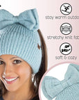Sequin Ponytail Beanie with Top Bow - Light Blue