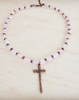 Rose Quartz Collar Necklace w/ Copper Cross Pendant 263i
