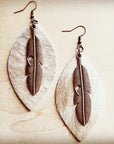 Leather Oval Earrings Tan Hair-on-Hide w/ Copper Feathers 223c