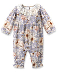 Blue Floral Vintage Linen Baby Romper With Lace Collar