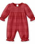Red Plaid Baby Girl Romper With Ruffles & Puff Sleeves
