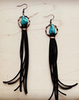 Turquoise Drop Earrings with Leather Tassel-Black 206g