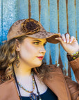 Hand-Painted Leopard Suede Baseball Cap w/ Flowers Tan 986L
