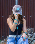 Hand-Painted Leopard Suede Baseball Cap w/ Turquoise-Ivory 986m