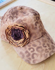 Hand-Painted Leopard Suede Baseball Cap w/ Flowers Tan 986L