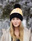 Puffer Faux Fur Pom Beanie - Black/Orange