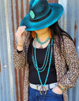 Double Strand Blue Turquoise Beaded Necklace, Leather Tassel 252d