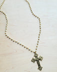 **Pearl Long Beaded Necklace with Antique Gold Cross 255tt