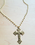 **Pearl Long Beaded Necklace with Antique Gold Cross 255tt