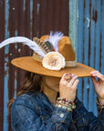 Leather Hat Band w/ Silk Flower & Feathers-Ivory (Band Only) 952s