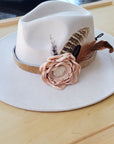 Leather Hat Band w/ Silk Flower & Feathers-Blush (Band Only) 953a