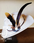 Black/Gold Feather, White Stone & Black Leather Hat Band (Band only) 983g