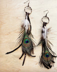 Brown Deer Skin Leather Tassel Earring Peacock Feather 219h