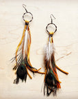 Yellow Deer Skin Leather Tassel Earring Peacock Feather 219i