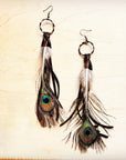 Black Deer Skin Leather Tassel Earring Peacock Feather 219j