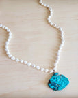 Long White Turquoise Beaded Necklace w/ Genuine Regalite Pendant 263c