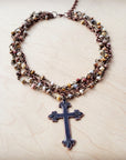 Natural Agate Beaded Collar Necklace w/ Cross Pendant 261d