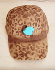 Hand-Painted Leopard Suede Baseball Cap Tan w/ Turq 986u