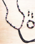 **Frosted Marble Jasper Necklace w/ Wood Beads & Leather Tassel 258b