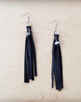 **Black Leather Fringe Earrings with Silver Bead Accent-Black 200c