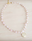 Rose Quartz Collar Necklace w/ Gold Coin Charm 263h