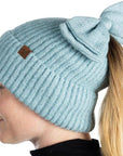 Sequin Ponytail Beanie with Top Bow - Light Blue
