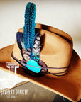 Blue Turquoise, Blue Feather & Leather Hat Band (Band Only) 980y