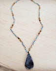 Amazonite & Crystal Long Beaded Necklace w/ Druzy Pendant 262u