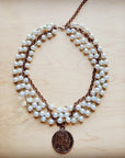 Pearl and Copper Collar-Length Necklace with Indian Coin 255w
