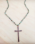 Genuine African Turquoise Long Beaded Necklace with Antique Copper Cross 262y