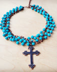Blue Turquoise Beaded Collar Necklace w/ Cross Pendant 260y