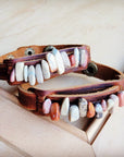 Genuine Leather Narrow Cuff with Aqua Terra Stones 005f