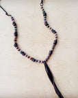 **Picasso Jasper Necklace with Wood Beads and Leather Tassel 261i