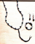 **Frosted Aqua Terra Necklace w/ Wood Beads & Leather Tassel 258a