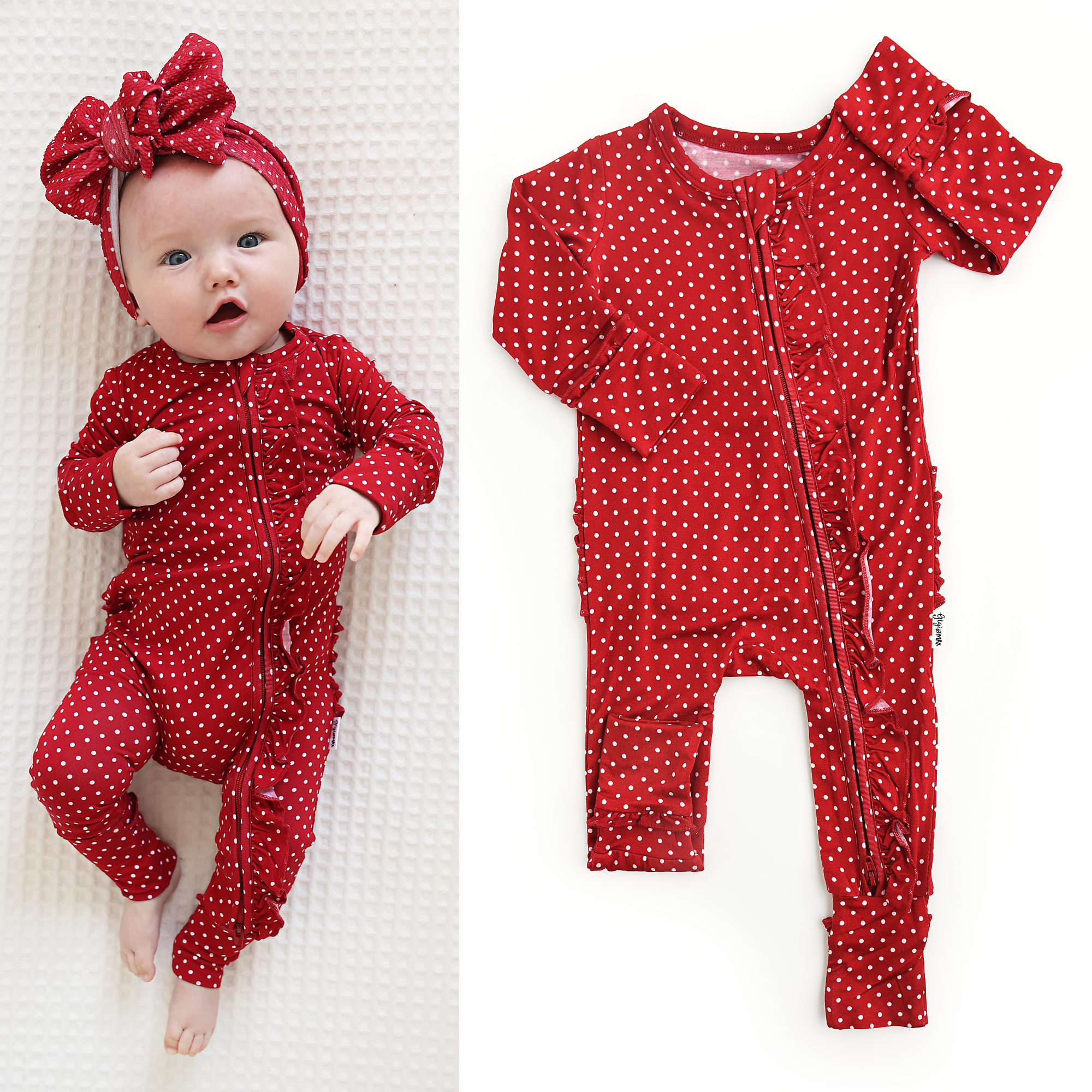 Gigi and Max Ivy Red Polka Dot Ruffle Zip Romper