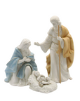 The Strawberry Shop 3-piece hand-painted porcelain nativity set featuring Mary, Joseph, and baby Jesus.