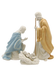 The Strawberry Shop 3-piece hand-painted porcelain Nativity set featuring Mary, Joseph, and baby Jesus in soft colors.