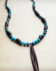 **Ocean Agate Necklace with Wood Beads and Leather Tassel 260b