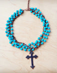 Blue Turquoise Beaded Collar Necklace w/ Cross Pendant 260y
