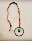 Leather Cord Necklace Antique Gold Hoop & Natural Turquoise 254v