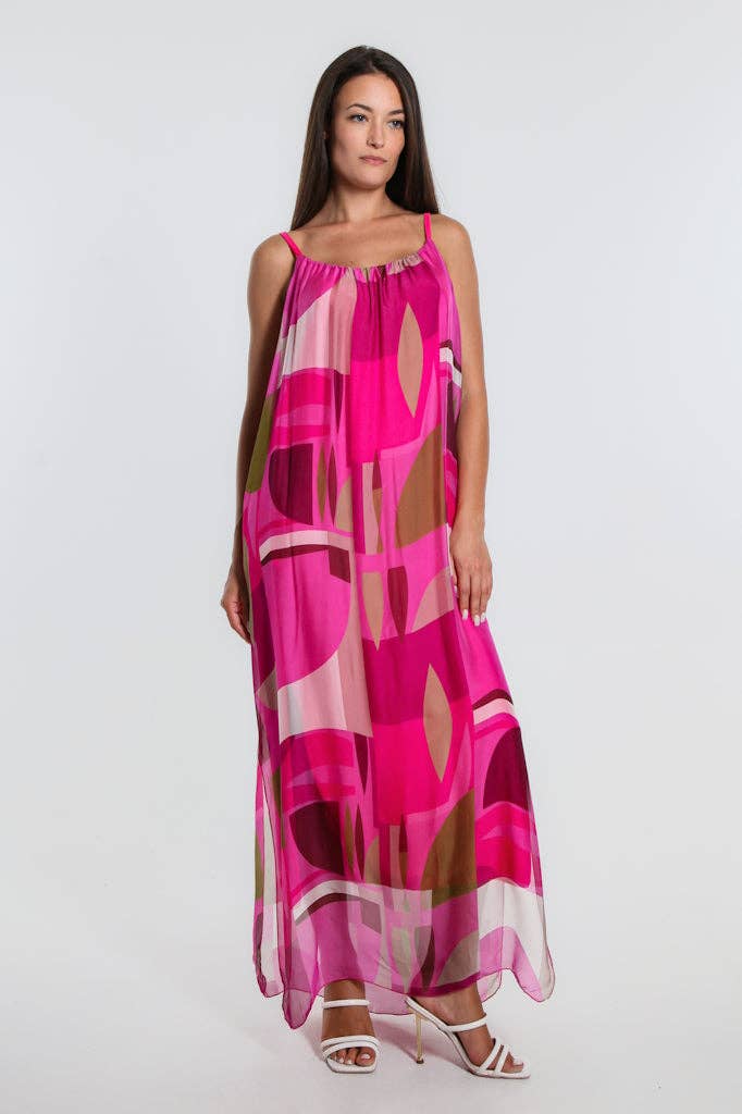 funky maxi dresses Marla Geo Silk Dress 628 Dark Cherry LowStock:43679229739059 The allover print and Navy Lace Three Quarter Color:Marmalade